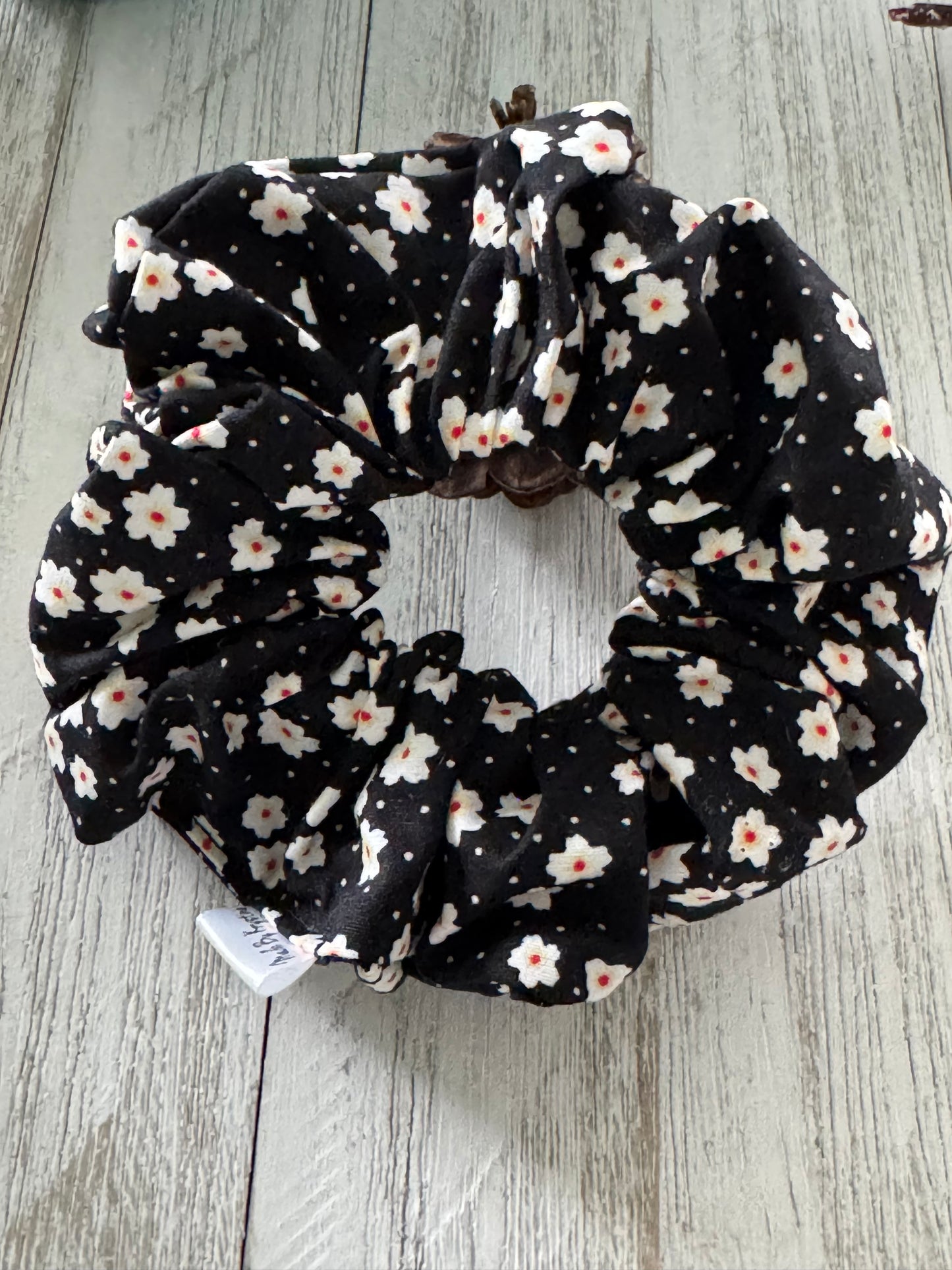 Daisies and Dots on Black Scrunchie
