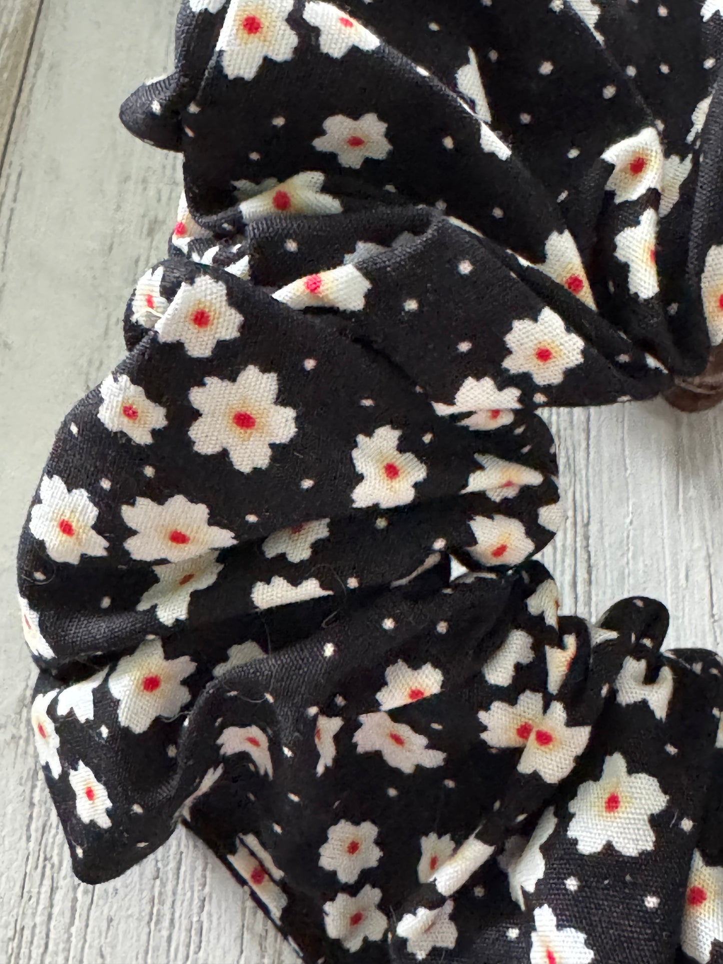 Daisies and Dots on Black Scrunchie