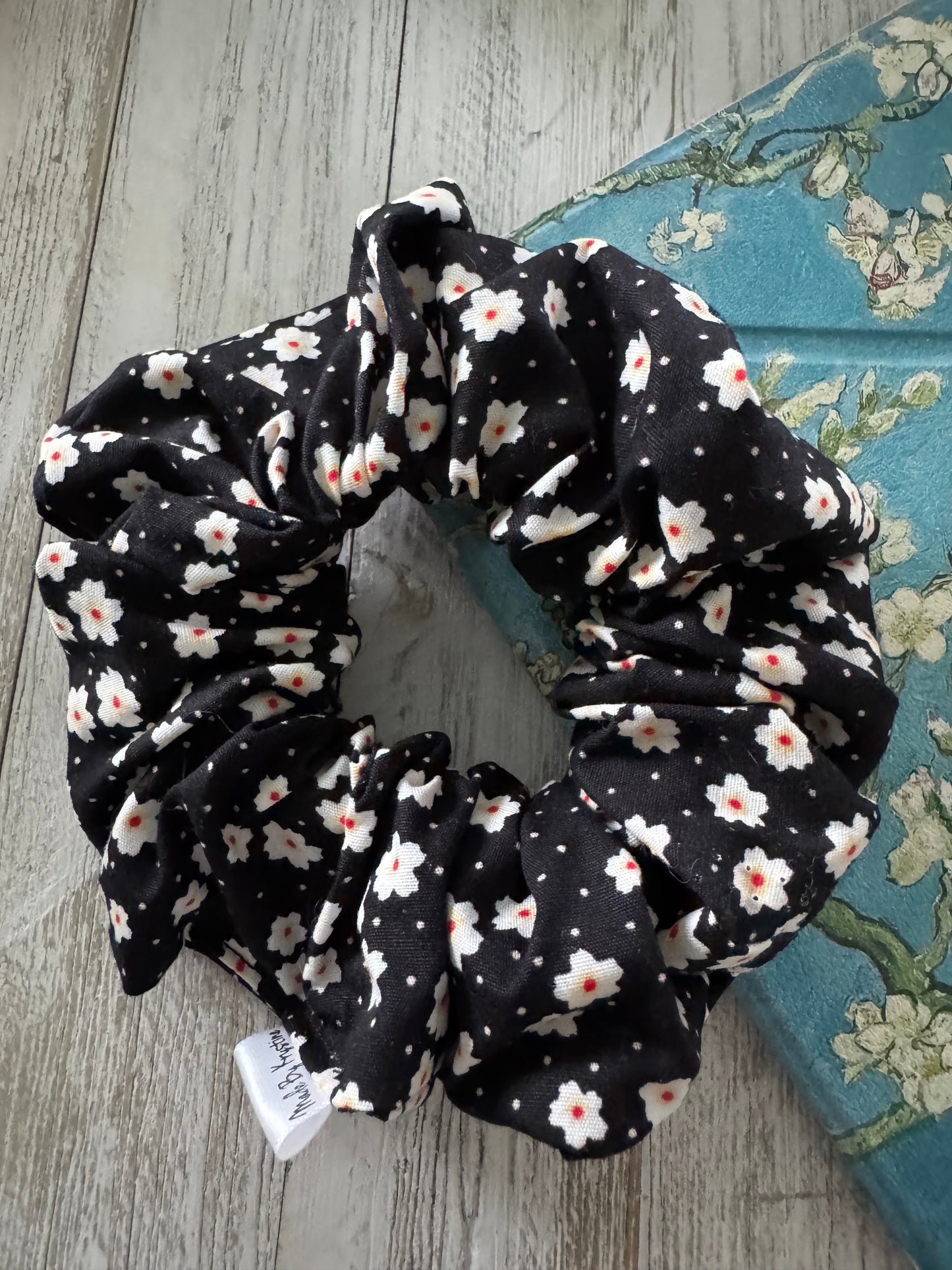 Daisies and Dots on Black Scrunchie