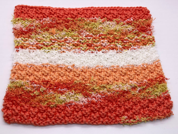Knitted Cotton Dishcloth.  Handmade Cloth With Scrubby Sections.  Orange and White Kitchen Cloth.